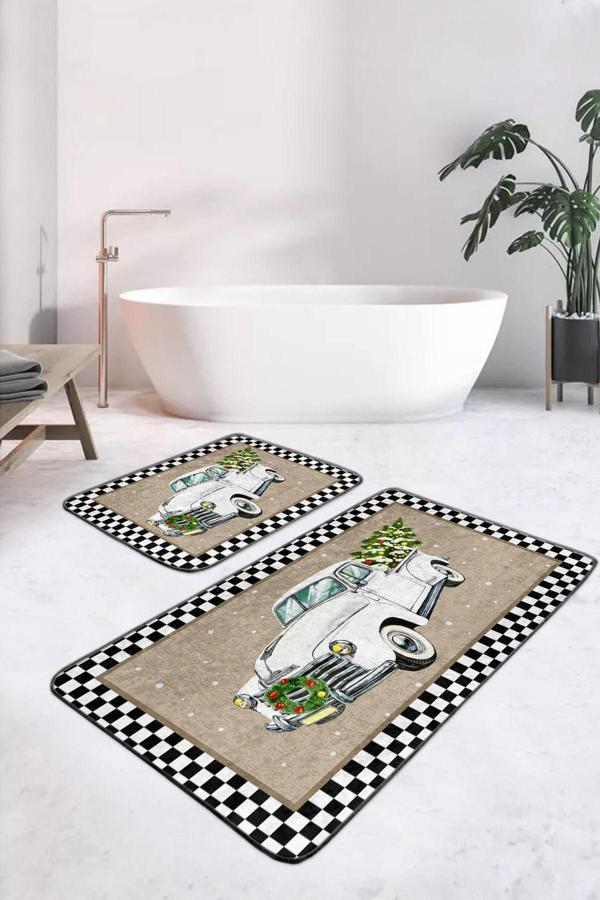 Realhomes Beyaz Araç Ve Çam Ağacı Temalı Bej Siyah Karo Desenli 2'Li Banyo Paspas Takımı - Image 1