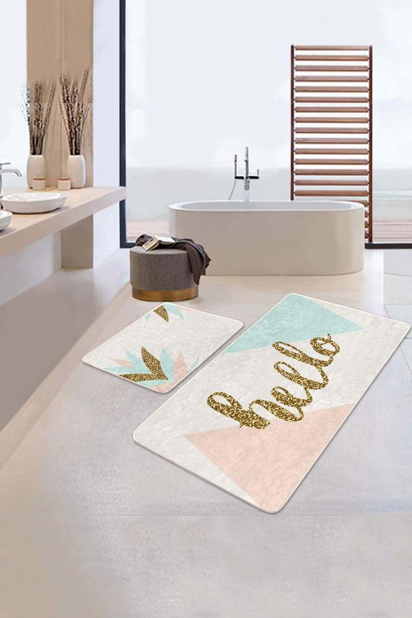 Realhomes Altın Yazılı Geometrik Pastel Mavi-Pembe Desenli 2'Li Kaymaz Taban Yıkanabilir Banyo Paspas Seti - Image 1