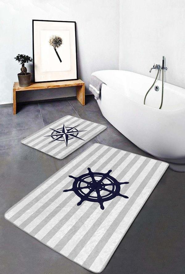 Realhomes Lacivert Yelken Dümeni Ve Pusula Desenli Gri Çizgili 2'Li Banyo Paspas Takımı - Image 1