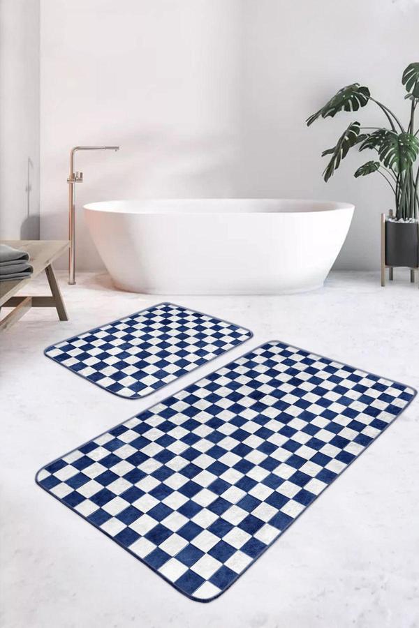 Realhomes Lacivert Beyaz Kareli Modern Geometrik Desenli 2'Li Kaymaz Taban Yıkanabilir Banyo Paspas Takımı - Image 1