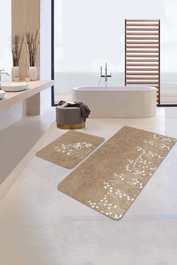Realhomes Bej Zeminde Beyaz Çiçekli Doğal Desen 2'Li Kaymaz Taban Yıkanabilir Banyo Paspas Seti - Image 1
