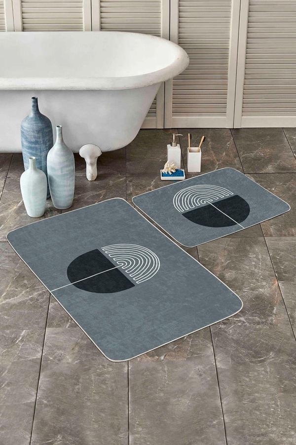 Realhomes Geometrik Yarım Daire Desenli Gri Siyah 2'Li Kaymaz Taban Yıkanabilir Banyo Paspas Seti - Image 1