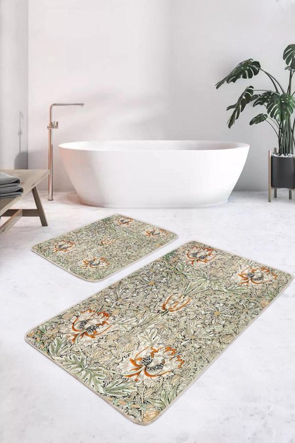 Realhomes Çiçekli Yapraklı Krem Turuncu Desenli 2'Li Kaymaz Taban Yıkanabilir Banyo Paspas Seti - Image 1