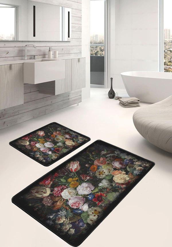 Realhomes Çiçek Buketi Desenli Siyah Koyu Renkli 2'Li Kaymaz Taban Yıkanabilir Banyo Paspas Seti - Image 1