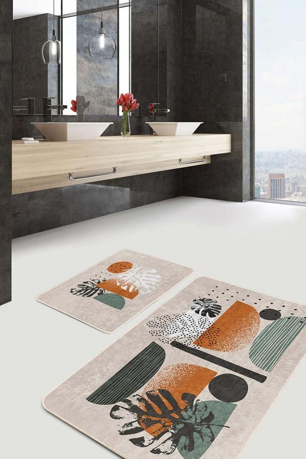 Realhomes Soyut Desenli Turuncu Yeşil 2'Li Kaymaz Taban Yıkanabilir Banyo Paspas Seti - Image 1