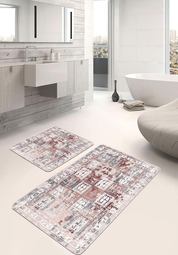 Realhomes Patchwork Klasik Desenli Bordo Beyaz 2'Li Kaymaz Taban Yıkanabilir Banyo Paspas Takımı - Image 1