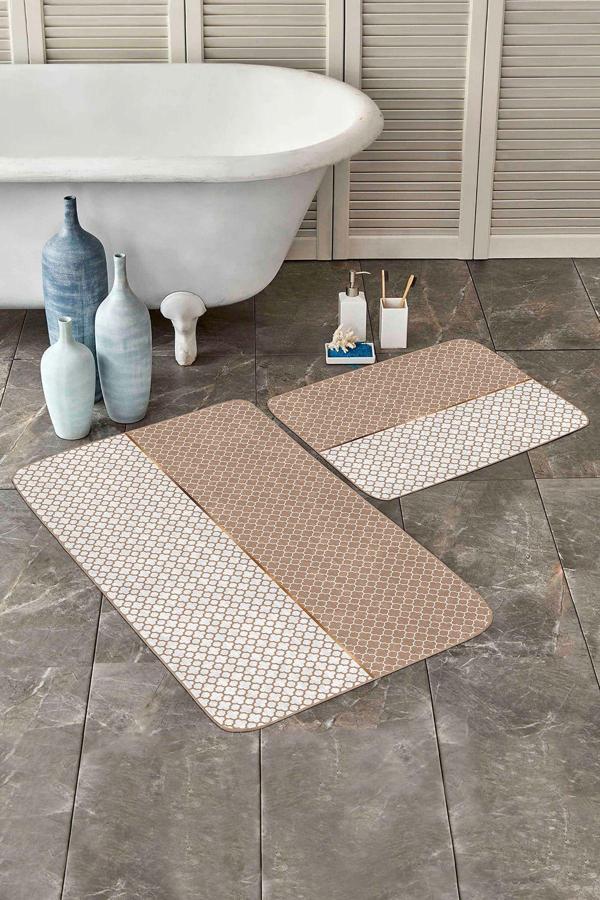 Realhomes Bej Beyaz Geometrik Desenli 2'Li Kaymaz Taban Yıkanabilir Banyo Paspas Seti - Image 1