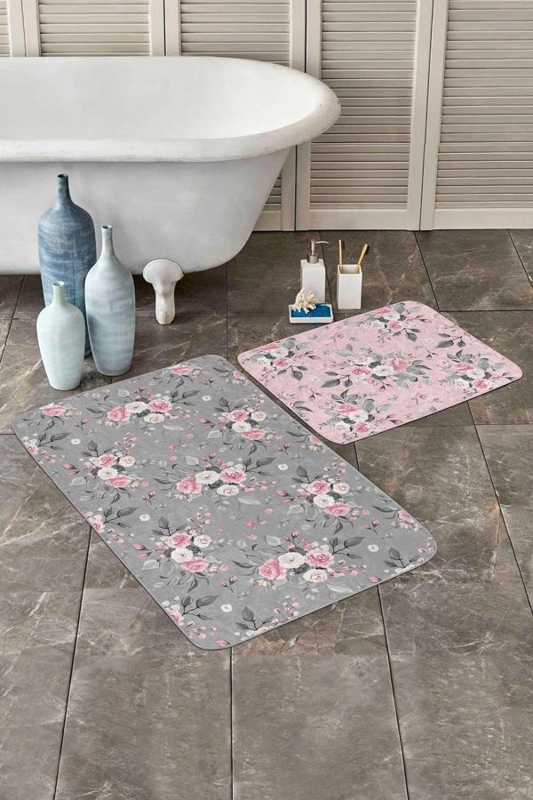 Realhomes Gri-Pembe Çiçek Desenli 2'Li Kaymaz Taban Yıkanabilir Banyo Paspas Seti - Image 1