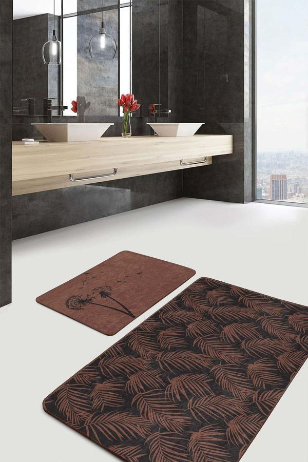 Realhomes Kahverengi Siyah Yaprak Ve Karanfil Desenli 2'Li Kaymaz Taban Yıkanabilir Banyo Paspas Seti - Image 1