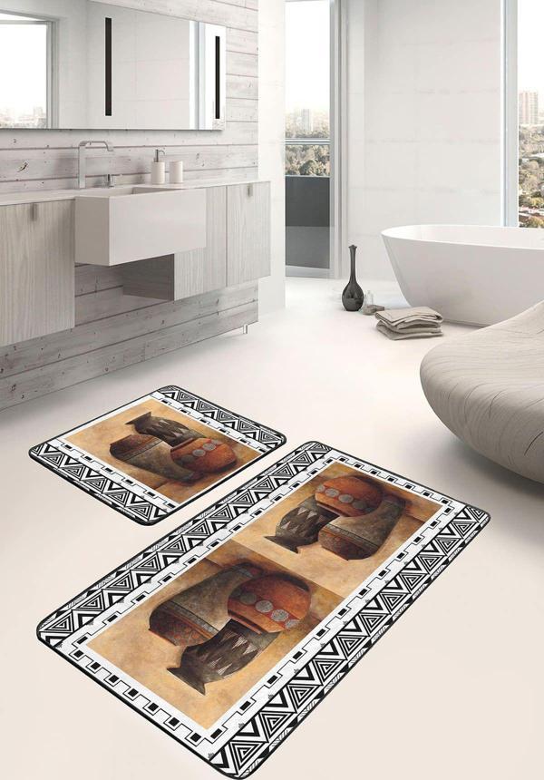Realhomes Antik Vazolar Desenli Kahverengi-Bej Kaymaz Taban Yıkanabilir 2'Li Banyo Paspas Seti - Image 1