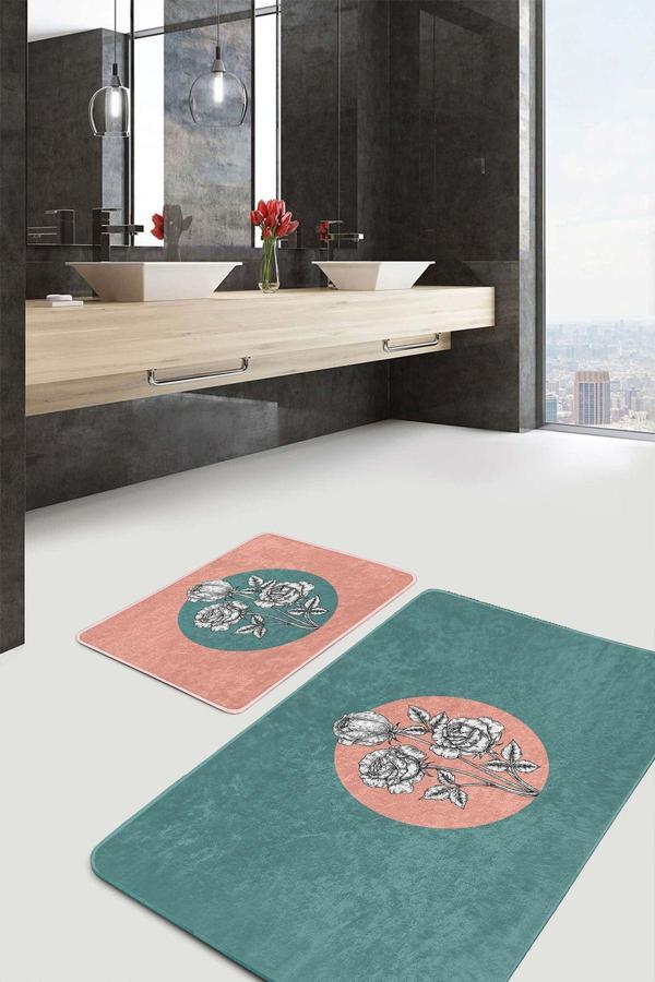 Realhomes Pembe-Yeşil Daire İçinde Siyah Beyaz Çiçekli Yıkanabilir 2'Li Kaymaz Taban Banyo Paspas Seti - Image 1