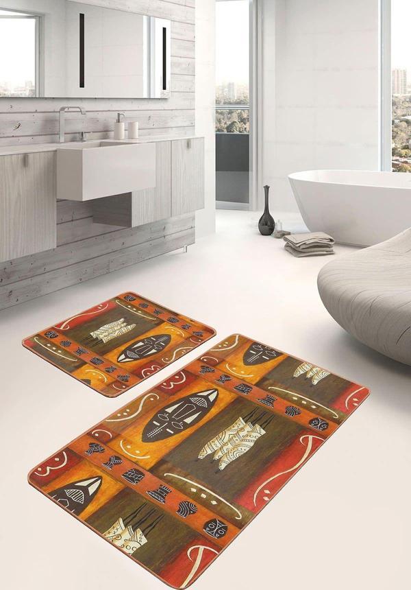 Realhomes Kahverengi Turuncu Afrika Masklı Etnik Desenli 2'Li Kaymaz Taban Yıkanabilir Banyo Paspas Seti - Image 1