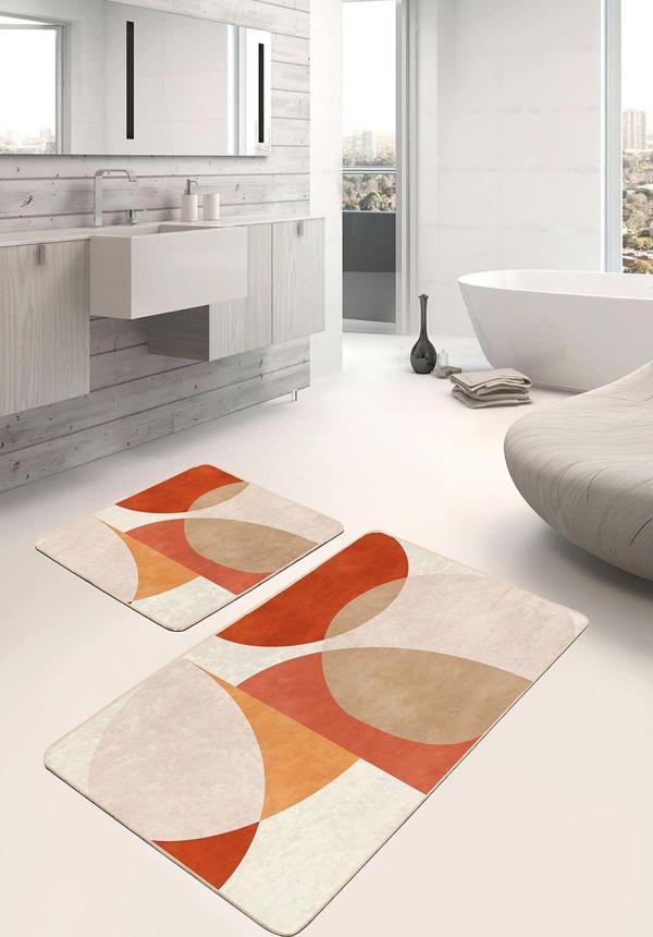 Realhomes Turuncu-Bej Geometrik Soyut Tasarım 2'Li Kaymaz Taban Yıkanabilir Banyo Paspas Takımı - Image 1
