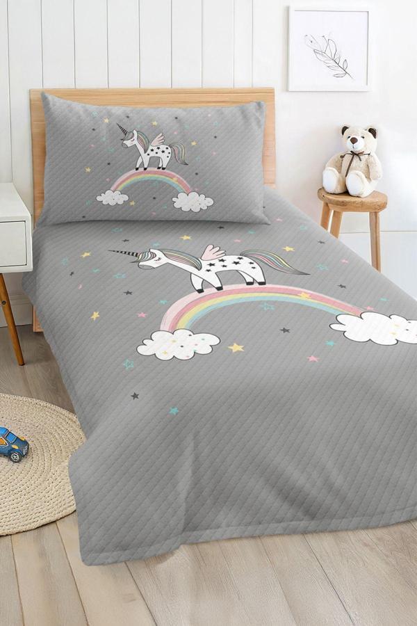 Realhomes Unicorn Desenli Tek Kişilik Çocuk Ve Genç Odası Pike Takımı Yatak Örtüsü - Image 1