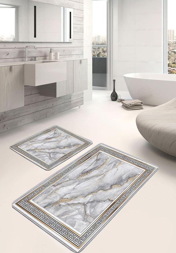 Realhomes Mermer Desenli Gri-Siyah Çerçeveli 2'Li Kaymaz Taban Yıkanabilir Banyo Paspas Seti - Image 1