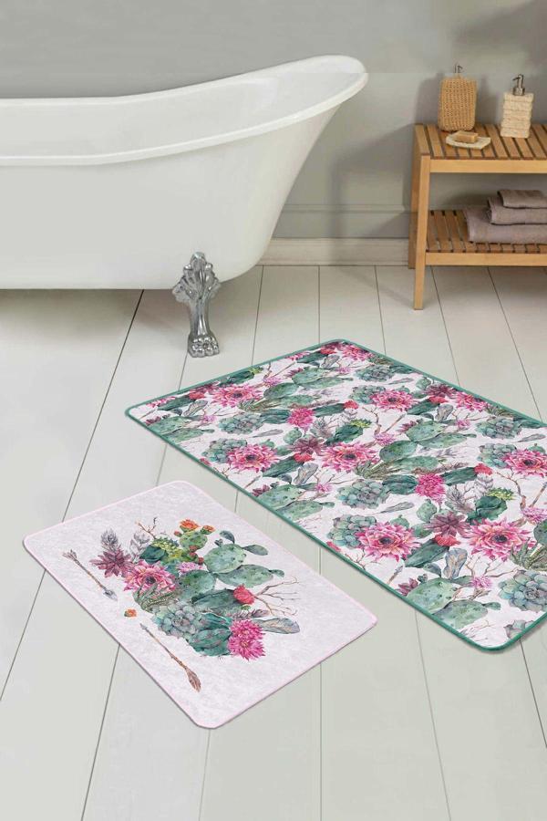 Realhomes Pembe Kaktüs Çiçek Desenli 2'Li Kaymaz Taban Yıkanabilir Banyo Paspas Seti - Image 1
