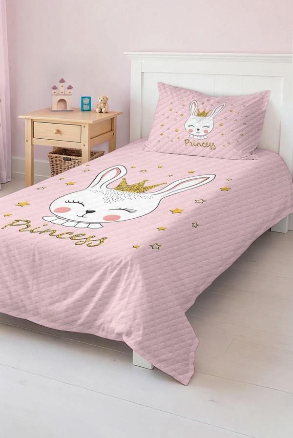 Realhomes Pembe Prenses Desenli Çocuk Ve Genç Odası Pike Takımı Yatak Örtüsü - Image 1