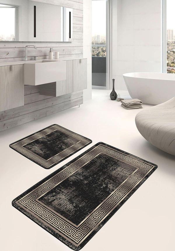 Realhomes Etnik Desenli Siyah Bej 2'Li Kaymaz Taban Yıkanabilir Banyo Paspas Seti - Image 1