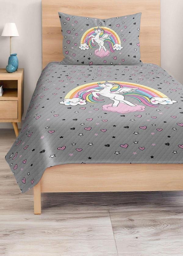 Realhomes Canlı Renkli Unicorn Desenli Çocuk Ve Genç Odası Pike Takımı - Tek Kişilik Yatak Örtüsü - Image 1