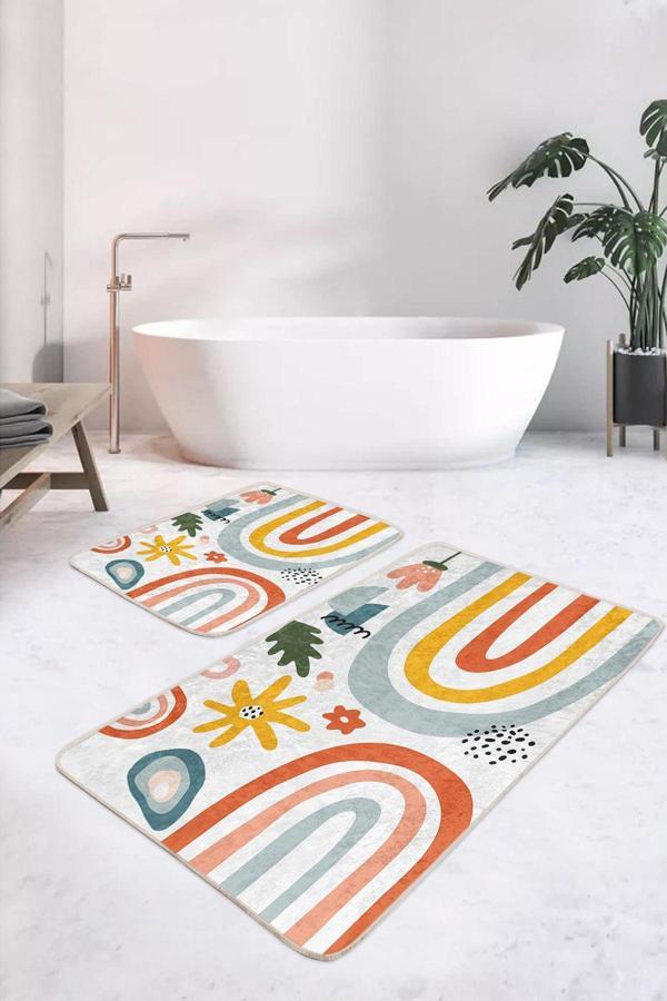 Realhomes Turuncu Mavi Retro Çizgili Çiçekli 2'Li Kaymaz Taban Yıkanabilir Banyo Paspas Takımı - Image 1