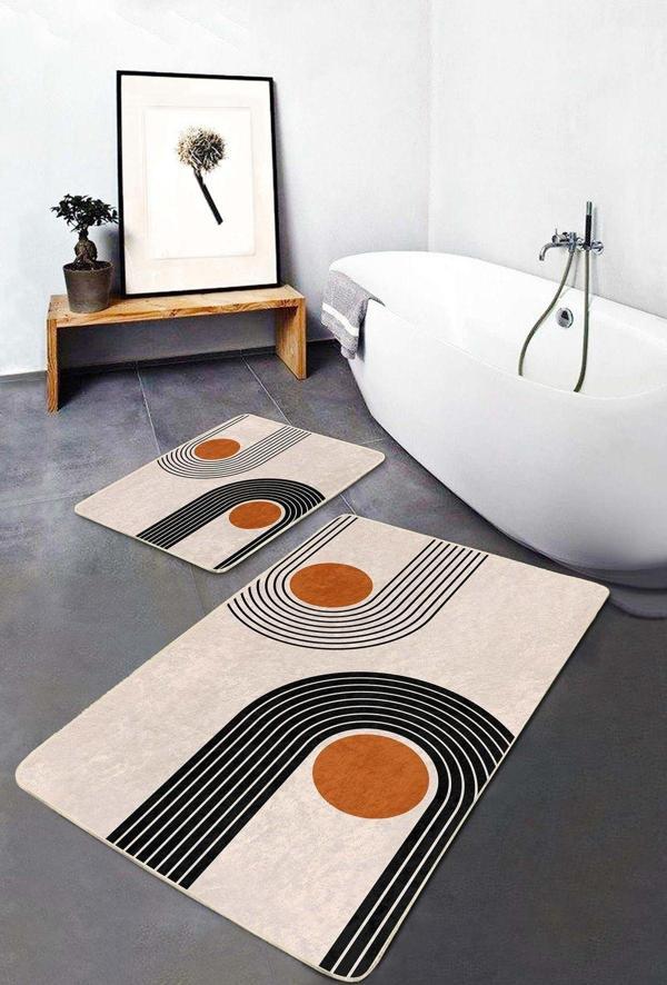 Realhomes Turuncu Siyah Çizgili Modern Geometrik Desenli 2'Li Kaymaz Taban Yıkanabilir Banyo Paspas Takımı - Image 1