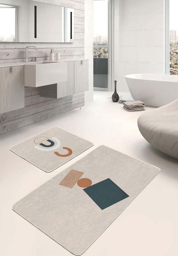 Realhomes Geometrik Bizonlu Modern Tasarımlı Lacivert-Turuncu 2'Li Kaymaz Taban Yıkanabilir Banyo Paspas Seti - Image 1