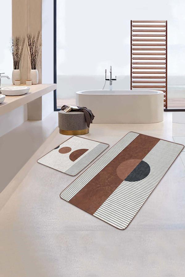 Realhomes Geometrik Çizgili Kahverengi Beyaz 2'Li Kaymaz Taban Yıkanabilir Banyo Paspas Seti - Image 1