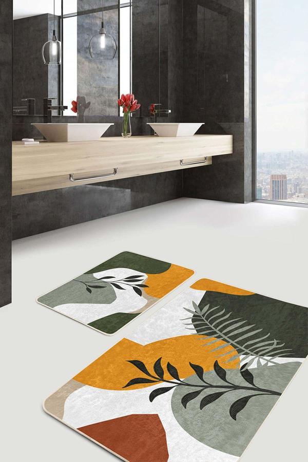 Realhomes Turuncu Yeşil Soyut Yaprak Desenli 2'Li Kaymaz Taban Yıkanabilir Banyo Paspas Seti - Image 1
