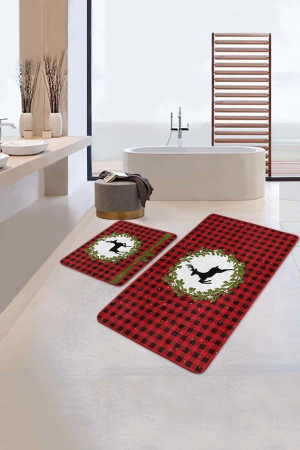 Realhomes Kırmızı Siyah Ekose Desenli Geyik Motifli 2'Li Kaymaz Taban Yıkanabilir Banyo Paspas Seti - Image 1