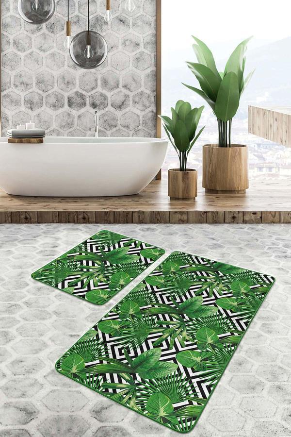 Realhomes Yeşil Siyah Zeminli Tropikal Yaprak Desenli 2'Li Kaymaz Taban Yıkanabilir Banyo Paspas Seti - Image 1