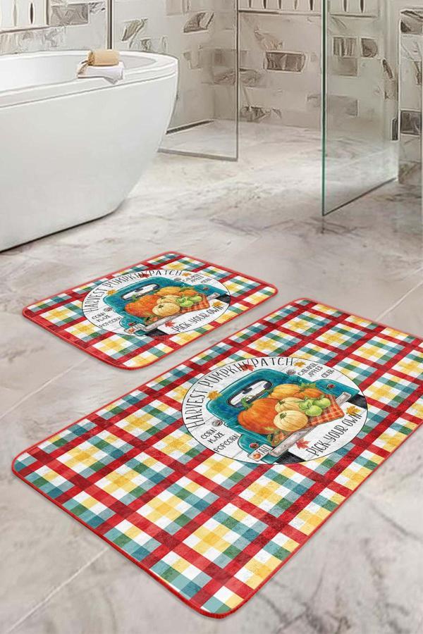 Realhomes Turuncu Kabak Desenli Kırmızı-Mavi Kareli 2'Li Kaymaz Taban Yıkanabilir Banyo Paspas Takımı - Image 1