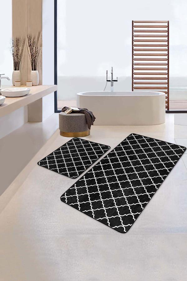 Realhomes Siyah Beyaz Geometrik Motifli 2'Li Kaymaz Taban Yıkanabilir Banyo Paspas Seti - Image 1