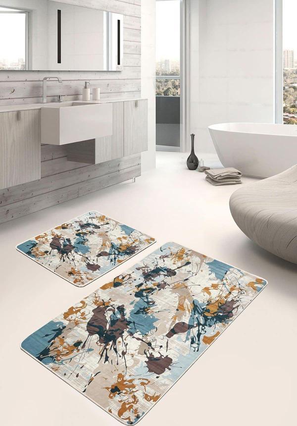 Realhomes Mavi Kahverengi Soyut Desenli 2'Li Kaymaz Taban Yıkanabilir Banyo Paspas Seti - Image 1
