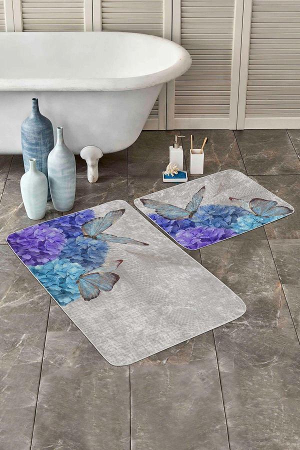 Realhomes Mavi Mor Çiçekli Kelebek Desenli 2'Li Kaymaz Taban Yıkanabilir Banyo Paspas Seti - Image 1