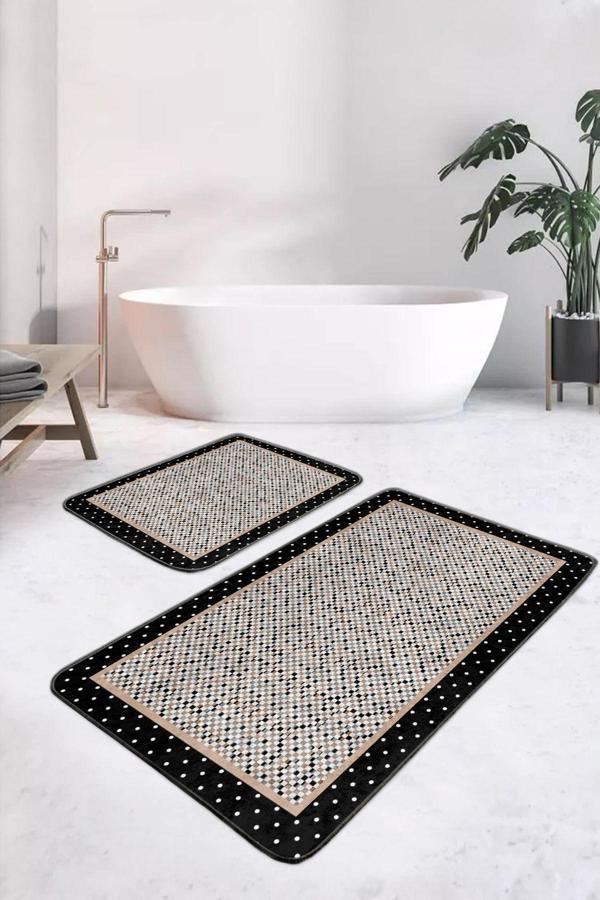 Realhomes Puantiyeli Desenli Siyah-Bej 2'Li Kaymaz Taban Yıkanabilir Banyo Paspas Seti - Image 1