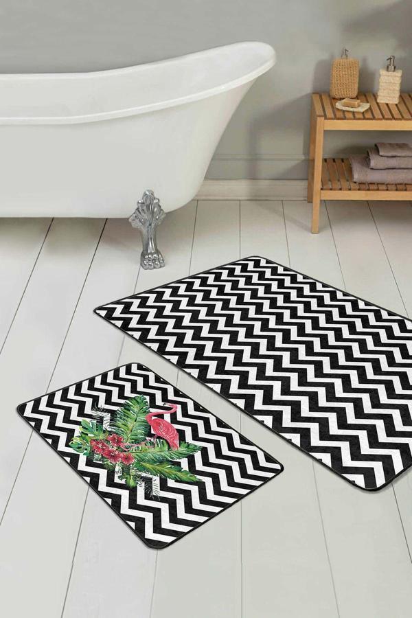 Realhomes Siyah Beyaz Zigzag Desenli Flamingo Ve Tropikal Yapraklı 2'Li Banyo Paspas Seti - Image 1