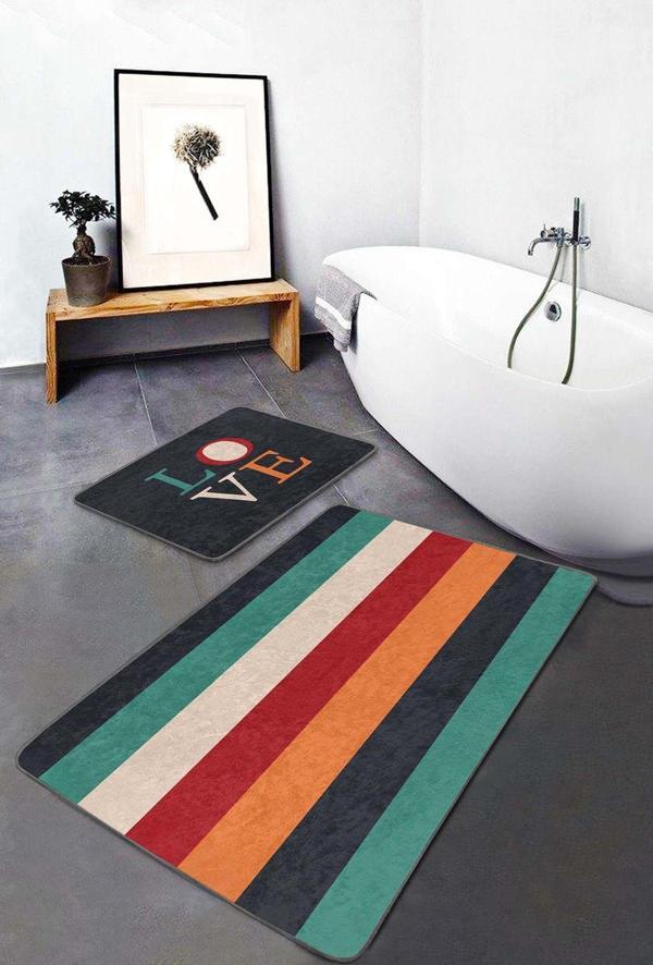 Realhomes Çizgili Retro Turuncu-Yeşil Desenli 2'Li Kaymaz Taban Yıkanabilir Banyo Paspas Seti - Image 1