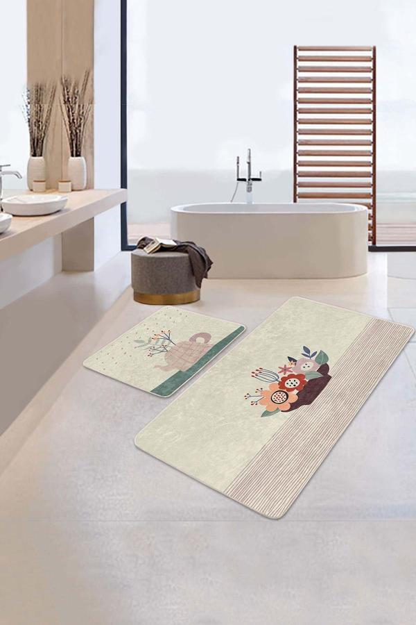 Realhomes Çiçek Ve Demlik Desenli Krem Bej 2'Li Kaymaz Taban Yıkanabilir Banyo Paspas Seti - Image 1