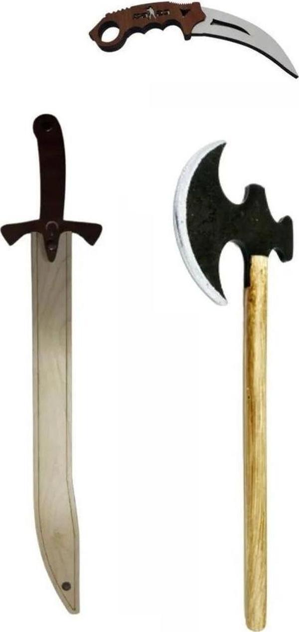 Ahtek Süper 3'lü Set, Ahşap Kılıç + Balta + Karambit Seti - Image 1
