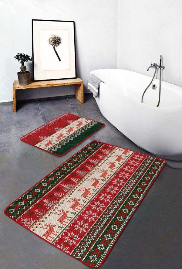 Realhomes Kırmızı Beyaz Noel Geyik Desenli 2'Li Kaymaz Taban Yıkanabilir Banyo Paspas Seti - Image 1