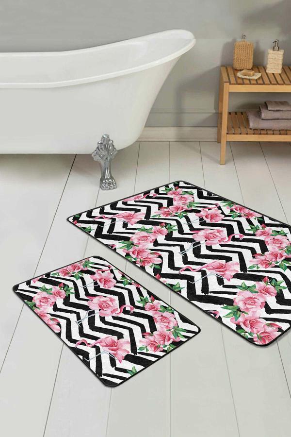 Realhomes Pembe Gül Desenli Siyah Beyaz Zemin 2'Li Kaymaz Taban Yıkanabilir Banyo Paspas Seti - Image 1
