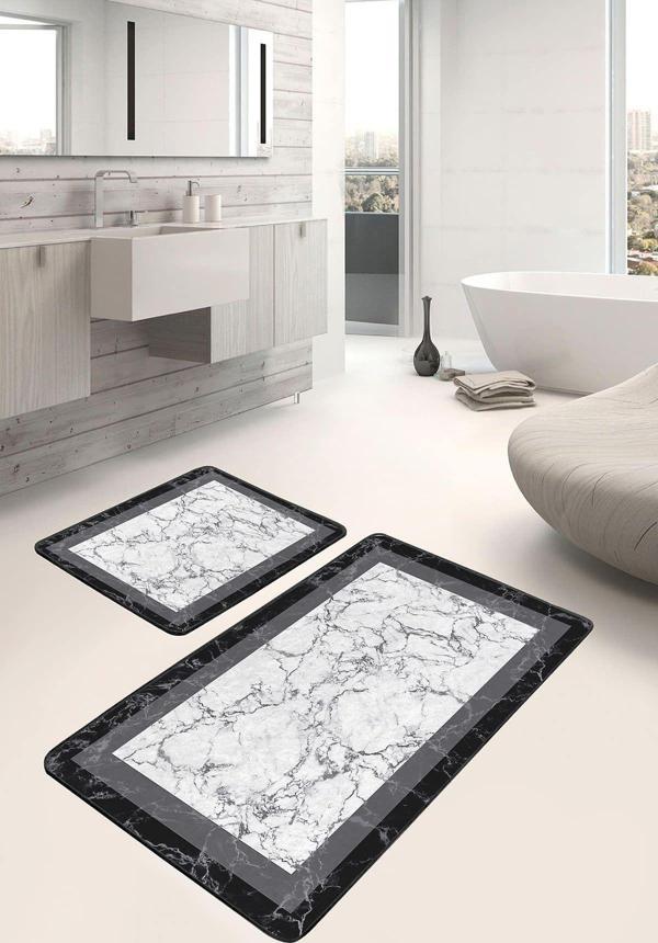 Realhomes Mermer Desenli Siyah Beyaz Çerçeveli 2'Li Kaymaz Taban Yıkanabilir Banyo Paspas Seti - Image 1