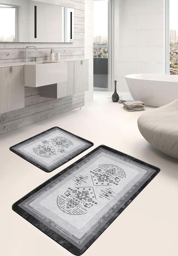 Realhomes Geometrik Desenli Gri Siyah Kaymaz Taban Yıkanabilir 2'Li Banyo Paspas Seti - Image 1