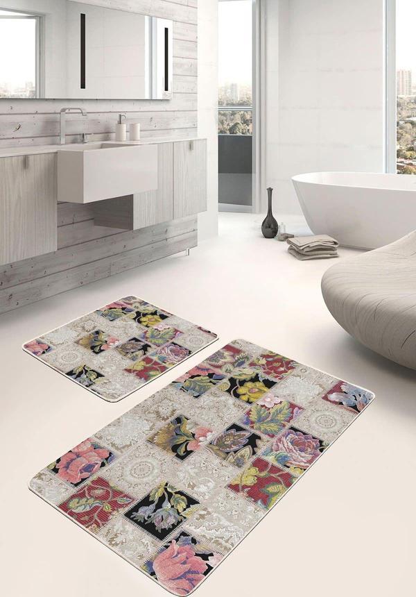 Realhomes Çiçekli Patchwork Etnik Desenli Kırmızı-Siyah 2'Li Kaymaz Taban Yıkanabilir Banyo Paspas Seti - Image 1