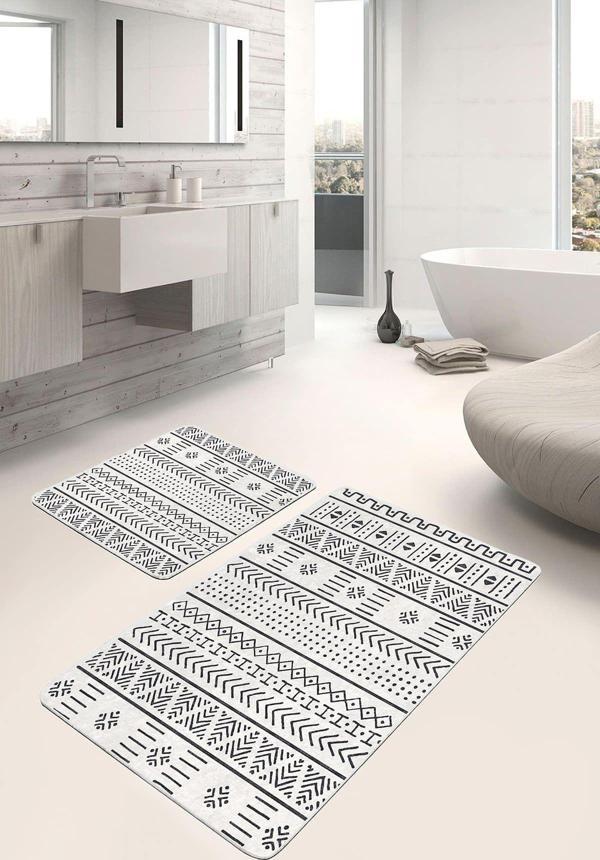 Realhomes Etnik Desenli Siyah Beyaz 2'Li Kaymaz Taban Yıkanabilir Banyo Paspas Seti - Image 1