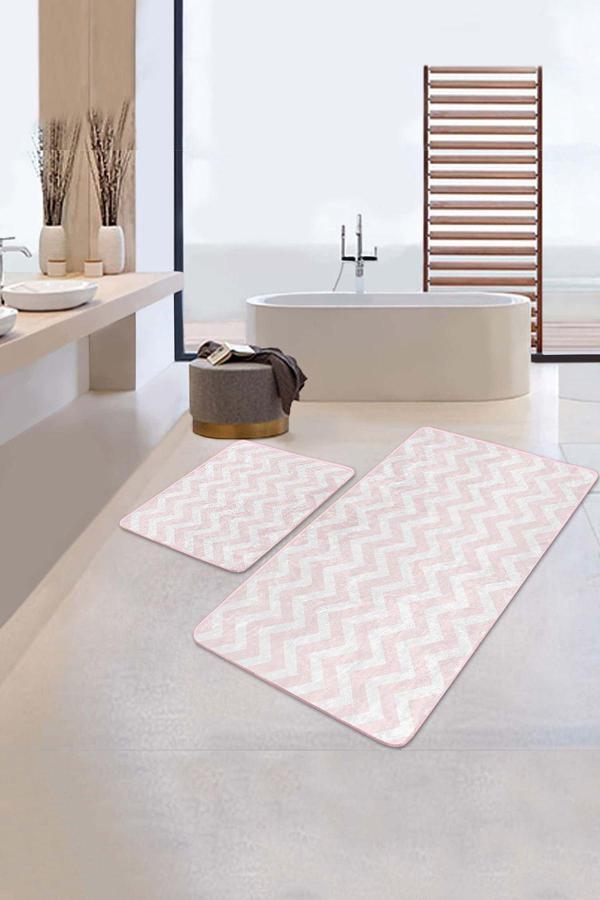 Realhomes Pembe Beyaz Zigzag Desenli 2'Li Kaymaz Taban Yıkanabilir Banyo Paspas Seti - Image 1