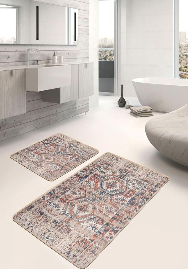 Realhomes Etnik Desenli Kırmızı-Lacivert 2'Li Kaymaz Taban Yıkanabilir Banyo Paspas Takımı - Image 1