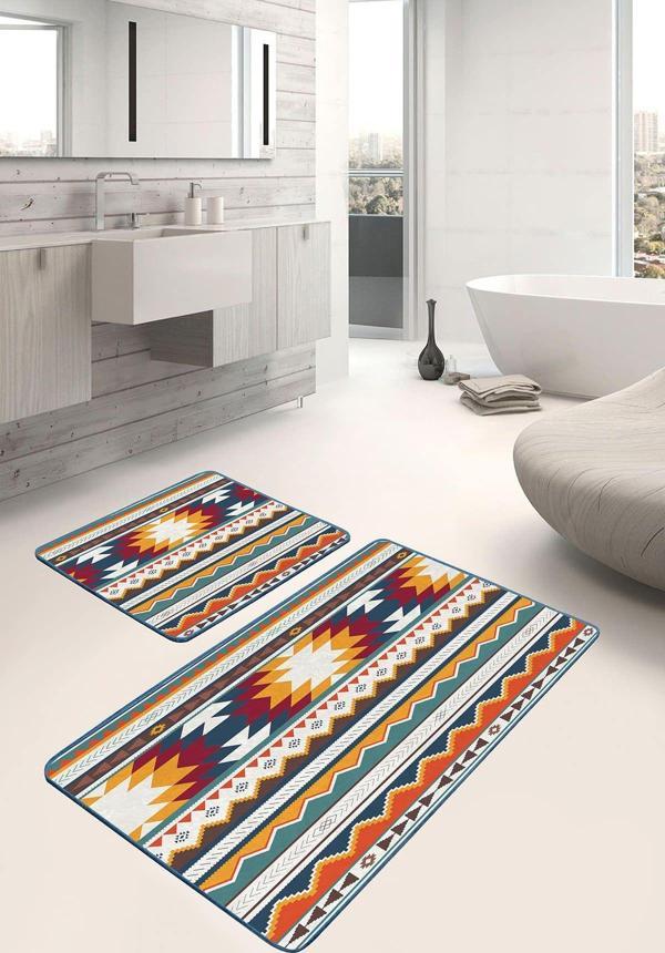 Realhomes Etnik Çizgili Ve Geometrik Desenli Turuncu-Mavi 2'Li Kaymaz Taban Yıkanabilir Banyo Paspas Seti - Image 1