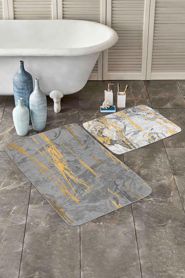 Realhomes Gri Sarı Mermer Desenli Kaymaz Taban Yıkanabilir 2'Li Banyo Paspas Seti - Image 1