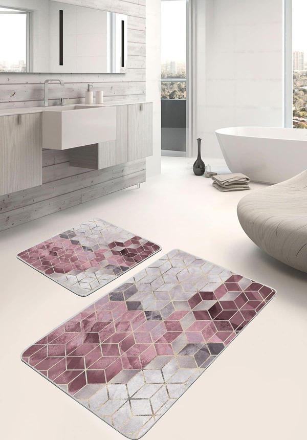 Realhomes Geometrik Desenli Pembe-Gri 2'Li Kaymaz Taban Yıkanabilir Banyo Paspas Seti - Image 1